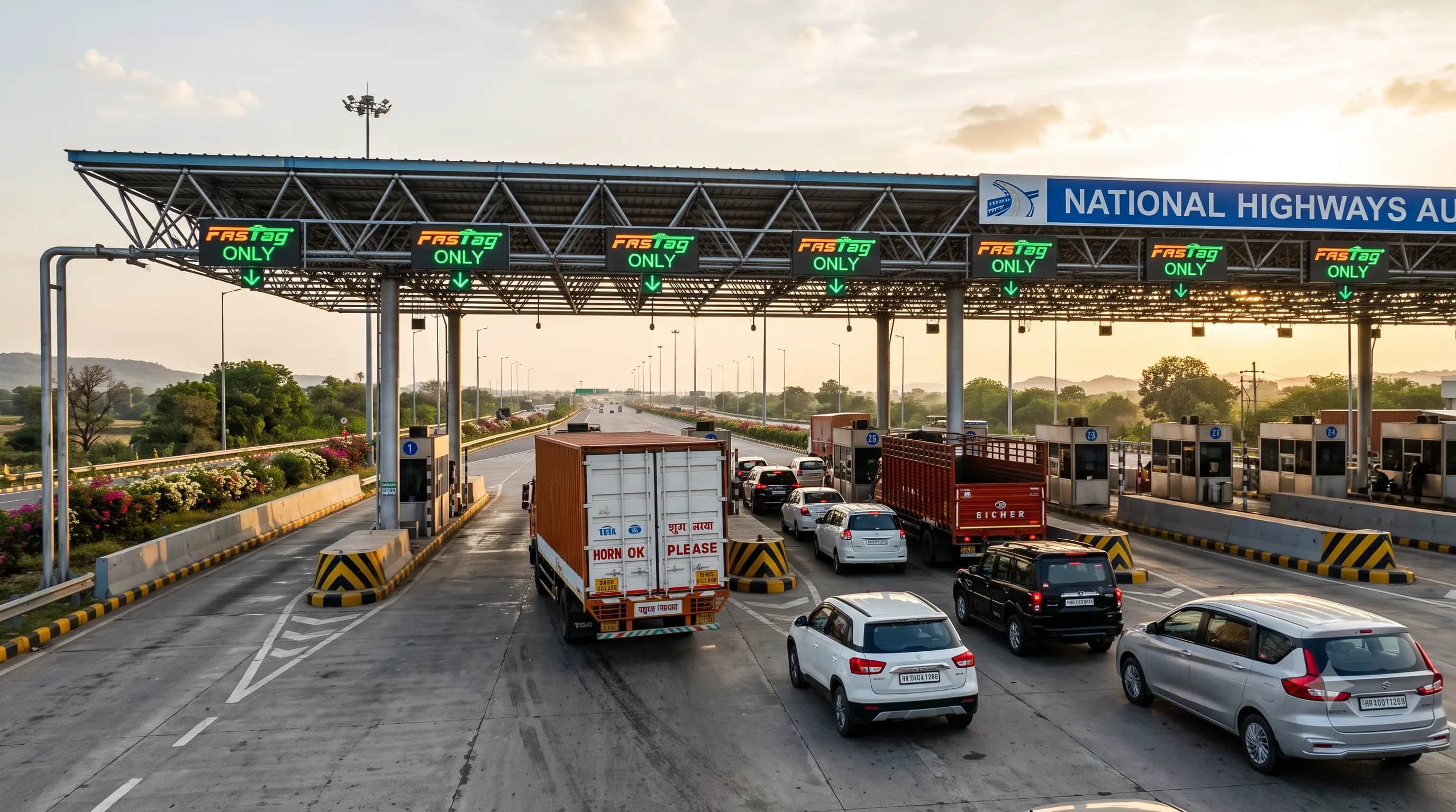A toll plaza at dusk